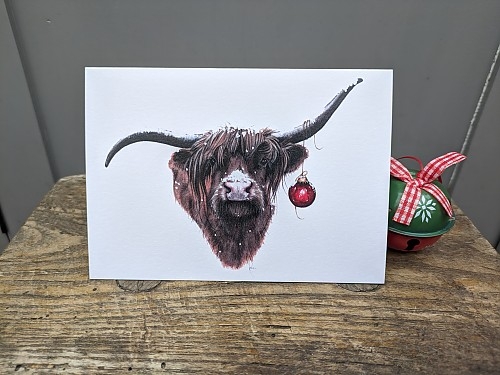 Highland Cow Christmas Card 'Snowy Baubles