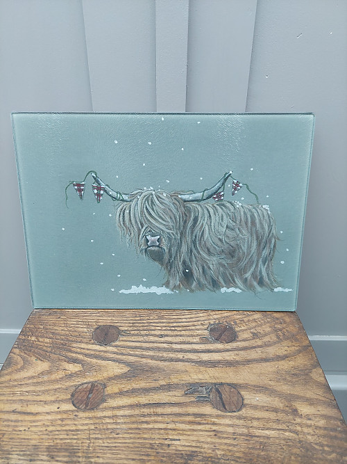 A Hielan Christmooo Glass Chopping  Board A4. Kitchen Art Print - Click to Enlarge