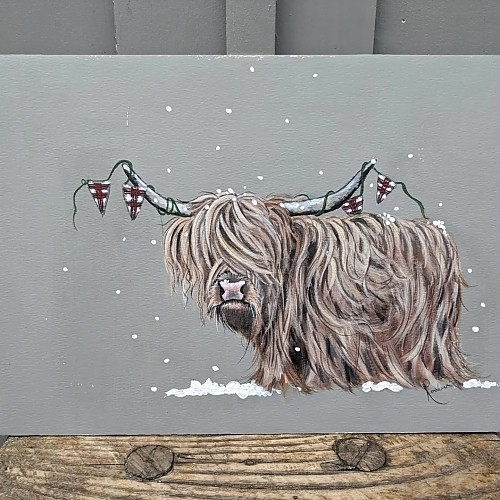Highland cow painting. 'A Hielan Christmoooo!' - Click to Enlarge