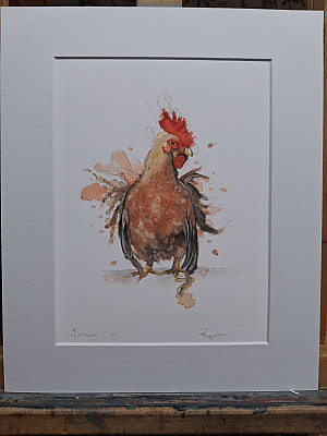 Hen Giclee Art Print. Watercolour Hen Art. Mounted Art.